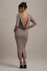 Taupe Rib Knit Cowl-Back Midi Dress